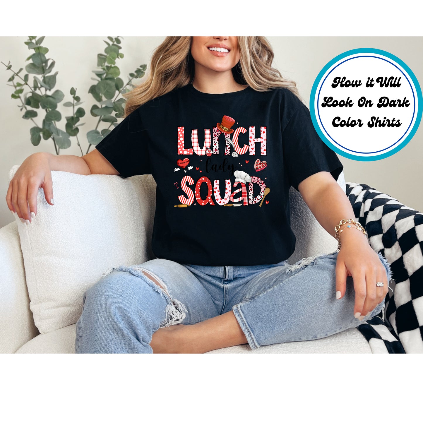 "Lunch Lady Squad" text with kitchen-themed elements and hearts.