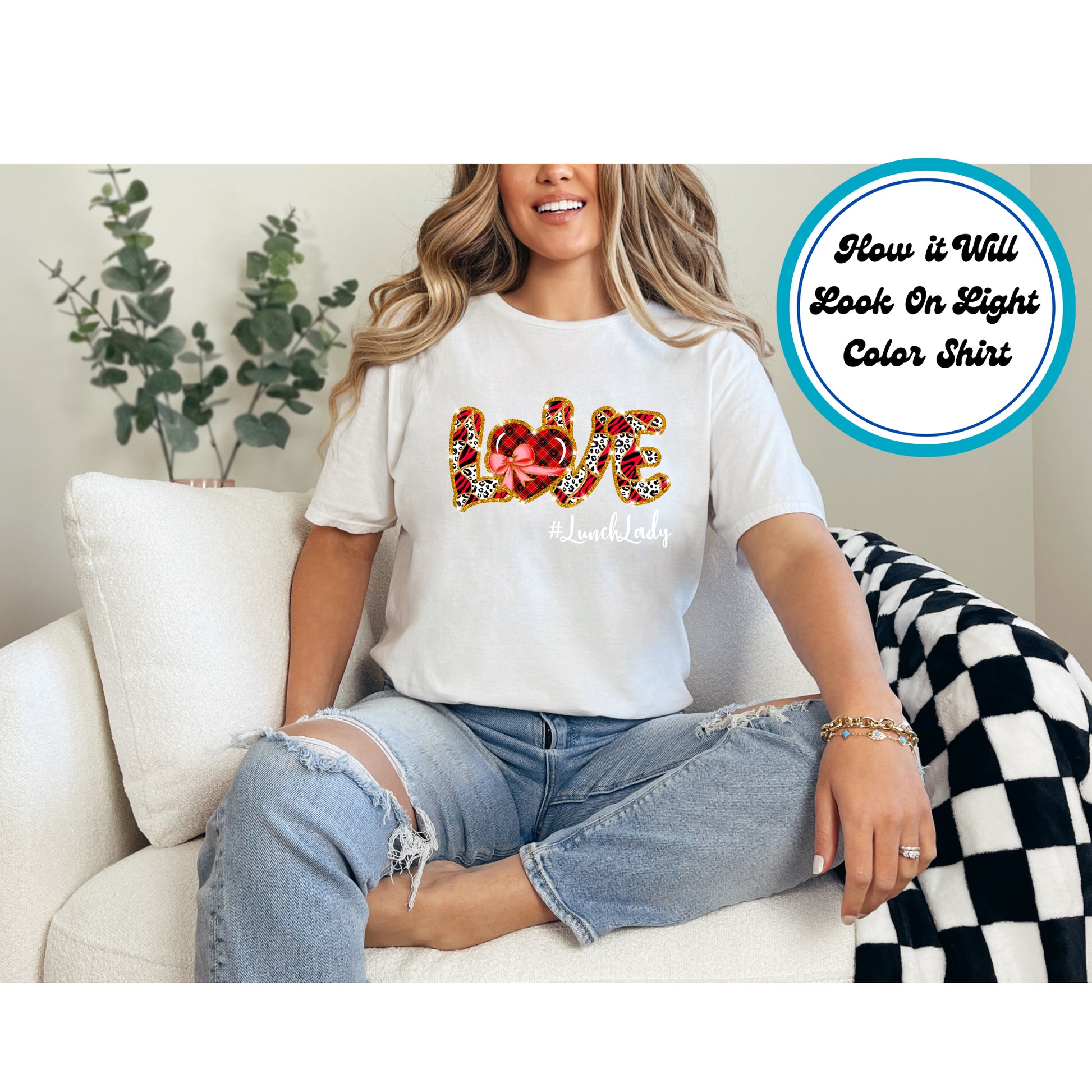 "LOVE" design with plaid, animal print, and a heart bow, featuring #LunchLady.