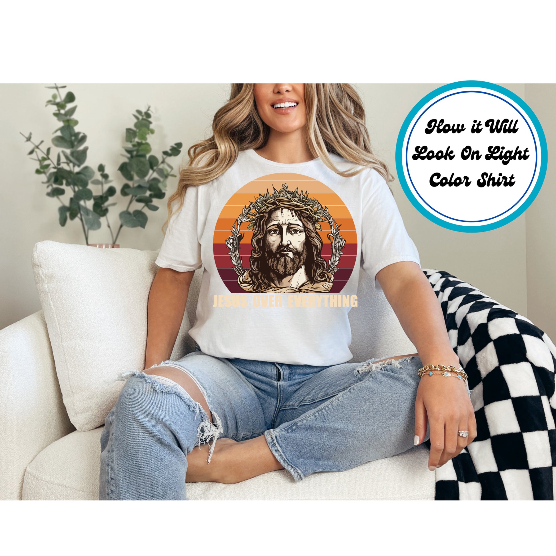 Jesus portrait with a crown of thorns and "Jesus Over Everything" text on a retro sunset background.