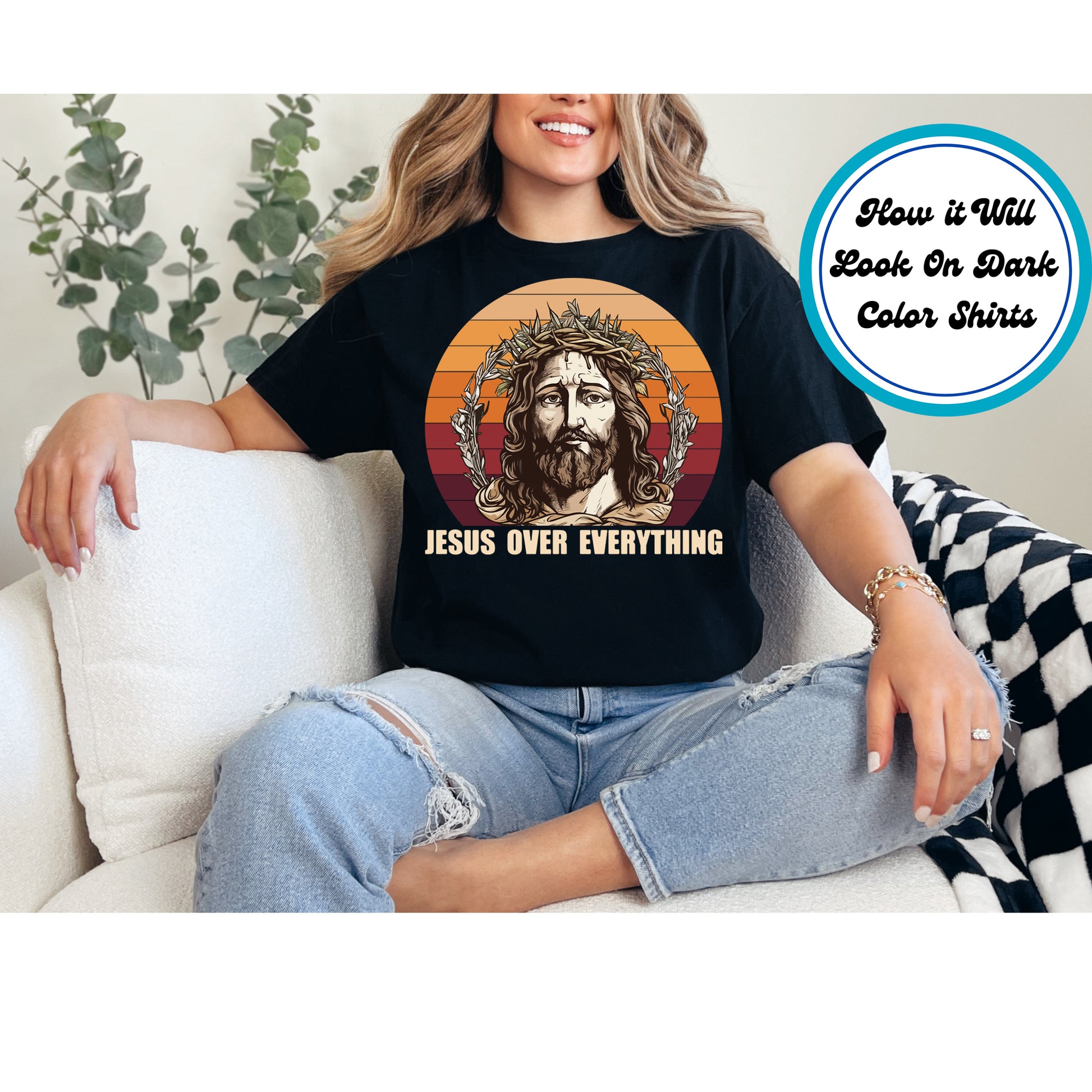 Jesus portrait with a crown of thorns and "Jesus Over Everything" text on a retro sunset background.