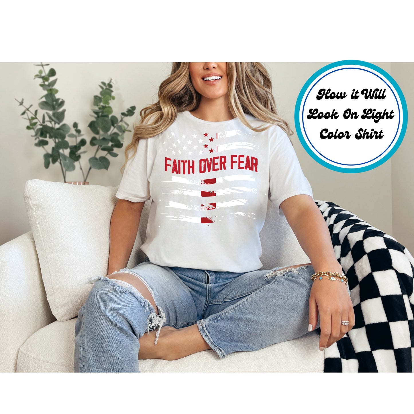 Faith Over Fear DTF transfer with distressed American flag design.