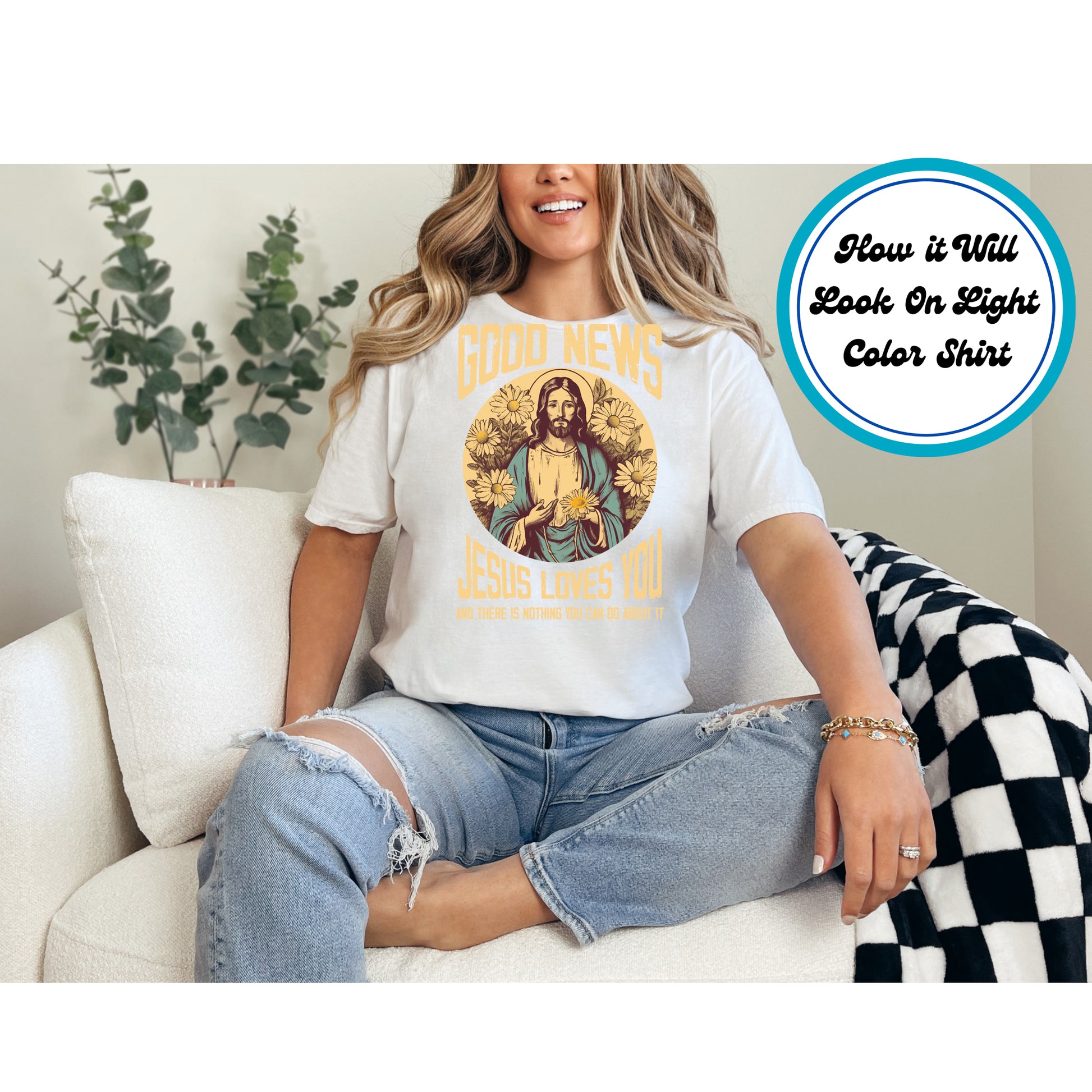 Jesus Loves You Christian DTF transfer with floral background.