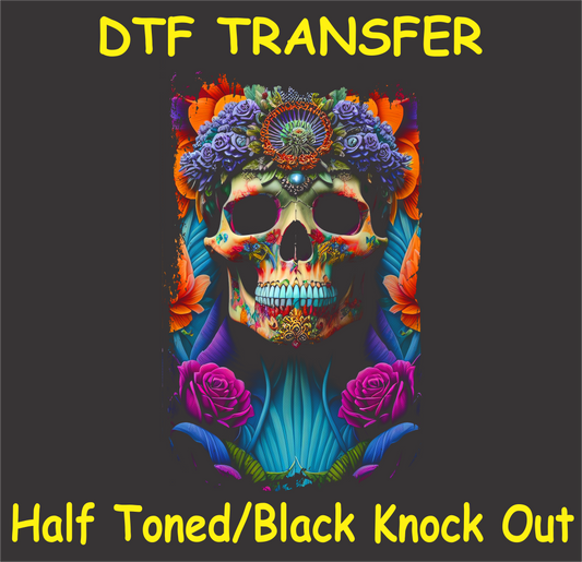 DTF transfer design featuring a skull with vibrant floral accents in a half-toned black knockout style.