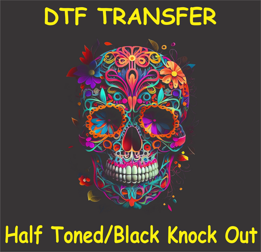 DTF transfer design featuring a skull with vibrant floral accents in a half-toned black knockout style.