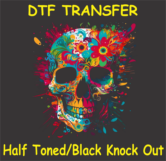 DTF transfer design featuring a skull adorned with vibrant floral accents and splashes of color in a half-toned black knockout style.