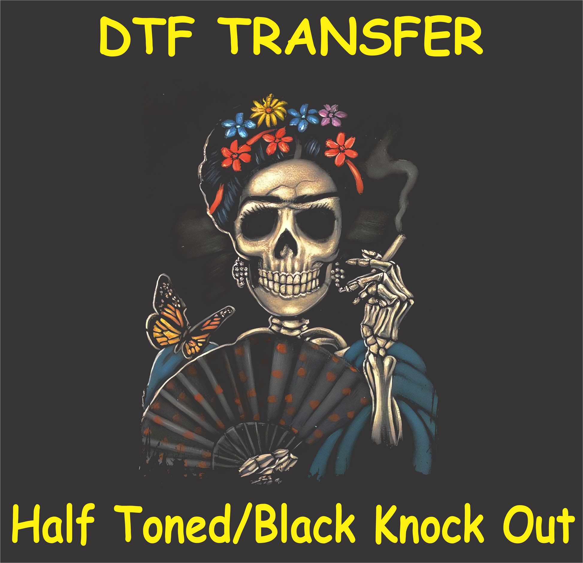 DTF transfer design featuring a skull with vibrant flowers, a fan, and a butterfly in a half-toned black knockout style.