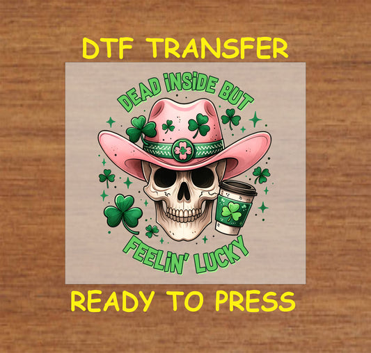 St. Patrick’s Day DTF transfer with a skull in a pink cowboy hat, shamrocks, and coffee cup.