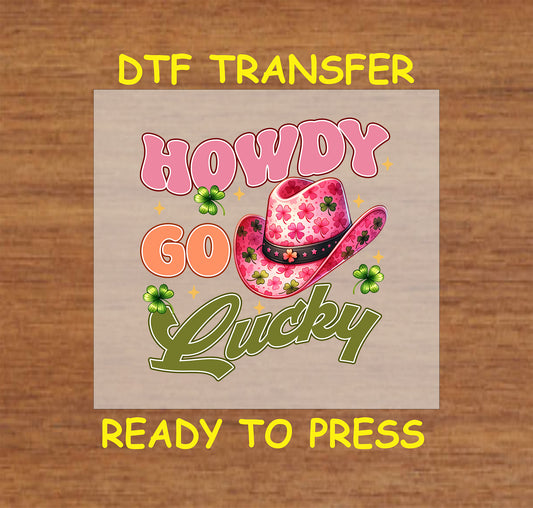 St. Patrick’s Day DTF transfer with a pink cowboy hat, shamrocks, and western-themed text.