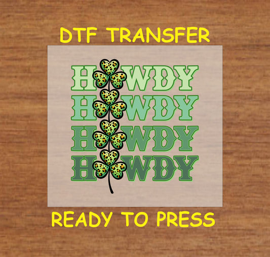 St. Patrick’s Day DTF transfer with stacked "Howdy" text and leopard print shamrocks.