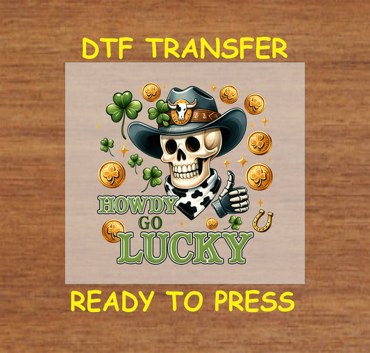 St. Patrick’s Day DTF transfer featuring a cowboy skull, shamrocks, and gold coins.