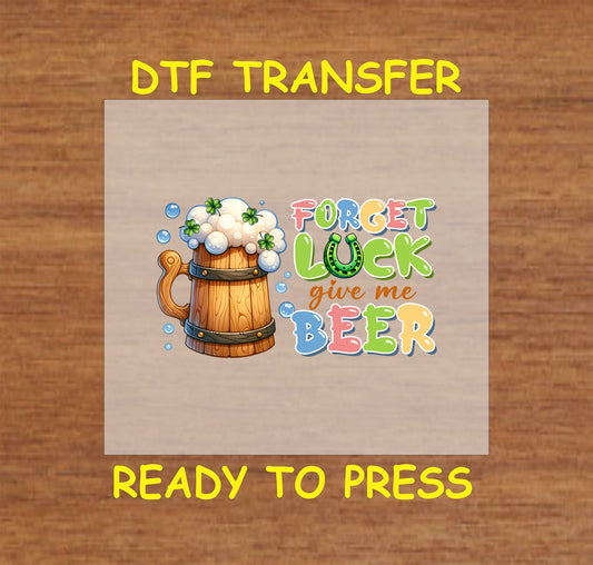 St. Patrick’s Day DTF transfer with a frothy beer mug and festive text.