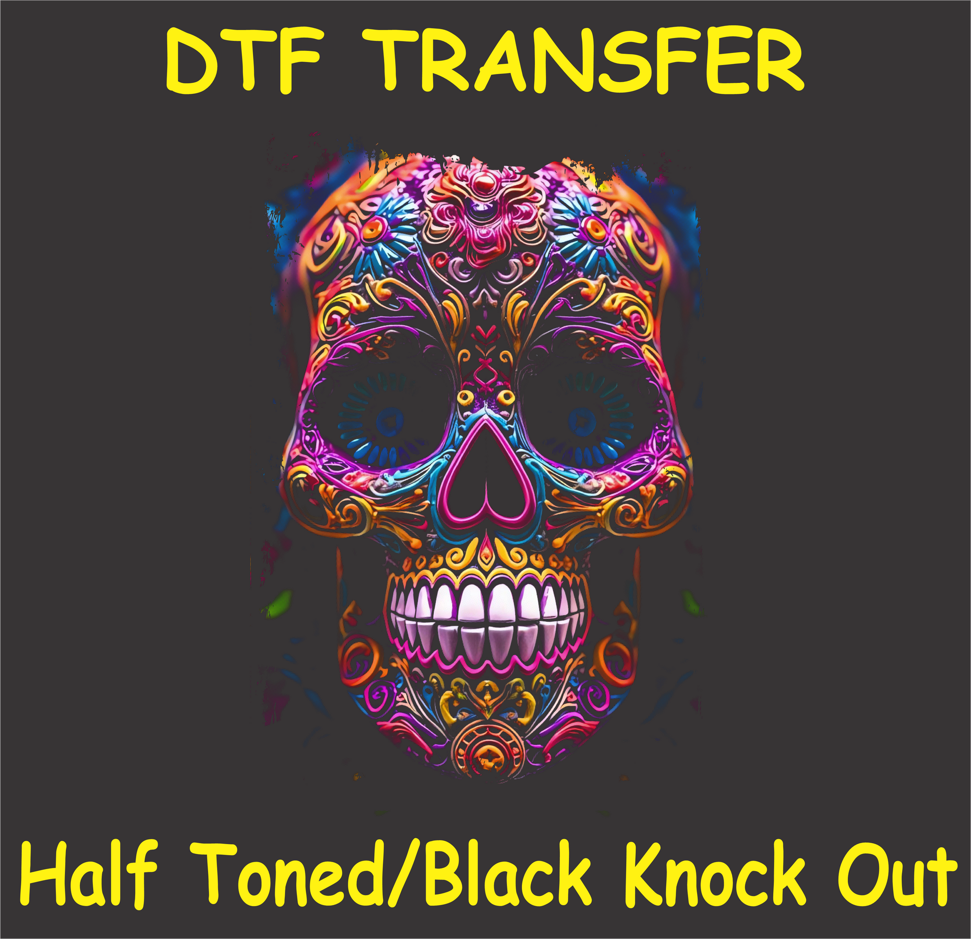 DTF transfer design featuring a skull with vibrant flowers and intricate patterns in a half-toned black knockout style.