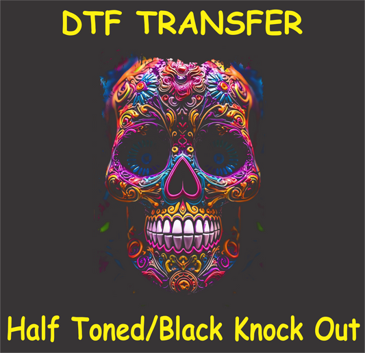 DTF transfer design featuring a skull with vibrant flowers and intricate patterns in a half-toned black knockout style.