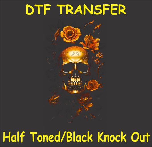 DTF transfer design featuring a golden skull with vibrant floral accents in a half-toned black knockout style.