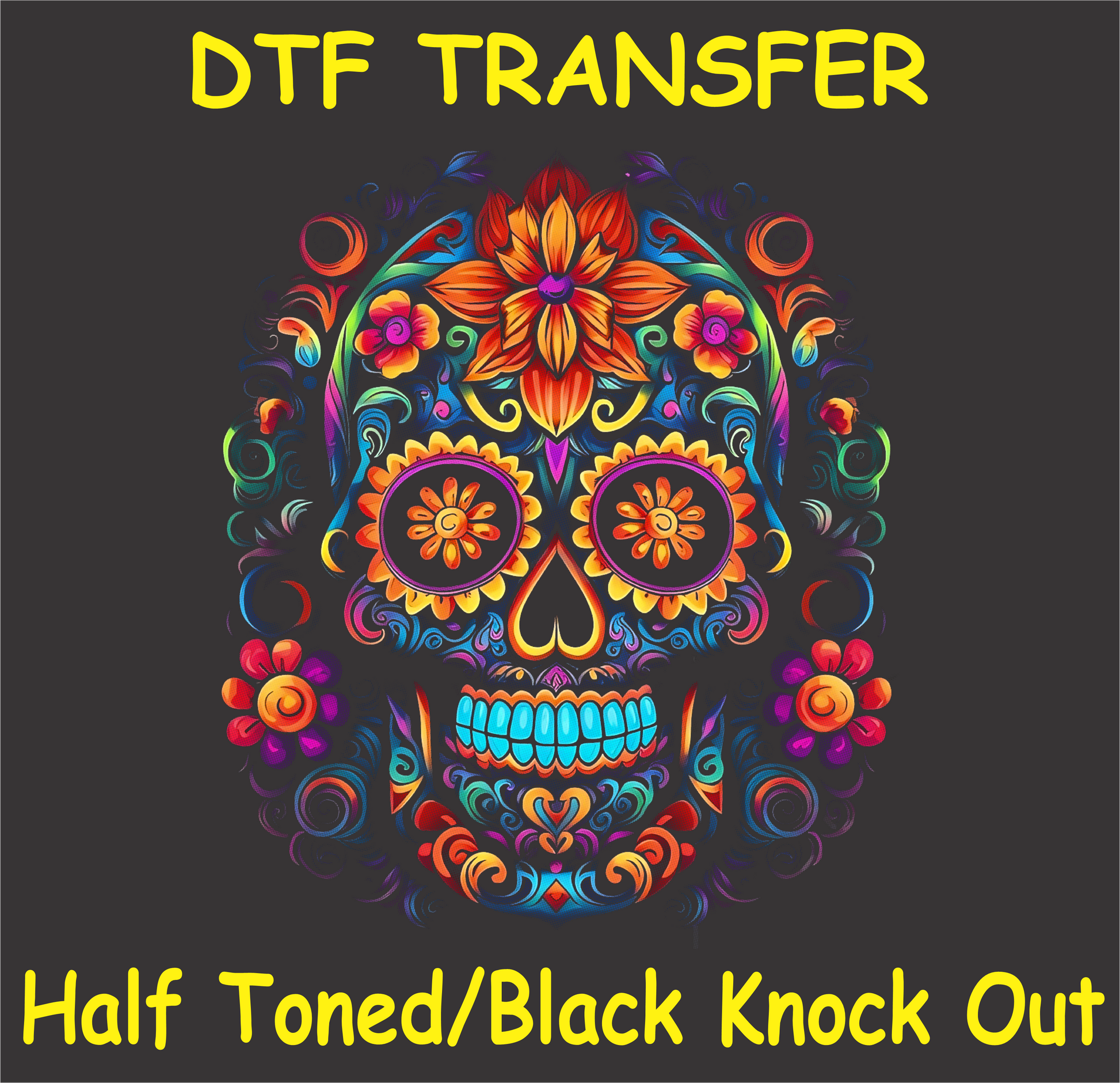 DTF transfer design featuring a skull with vibrant flowers in a half-toned black knockout style.