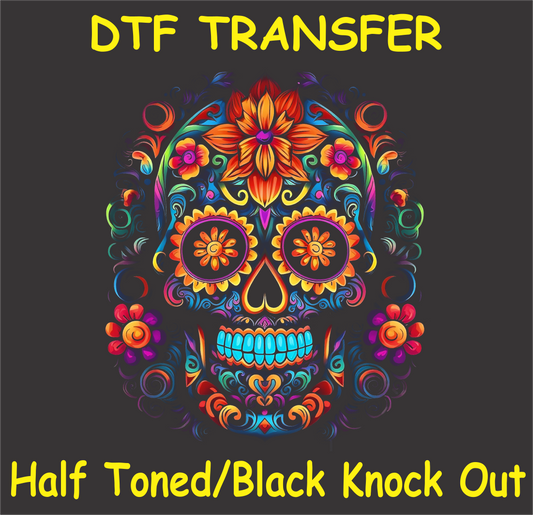 DTF transfer design featuring a skull with vibrant flowers in a half-toned black knockout style.