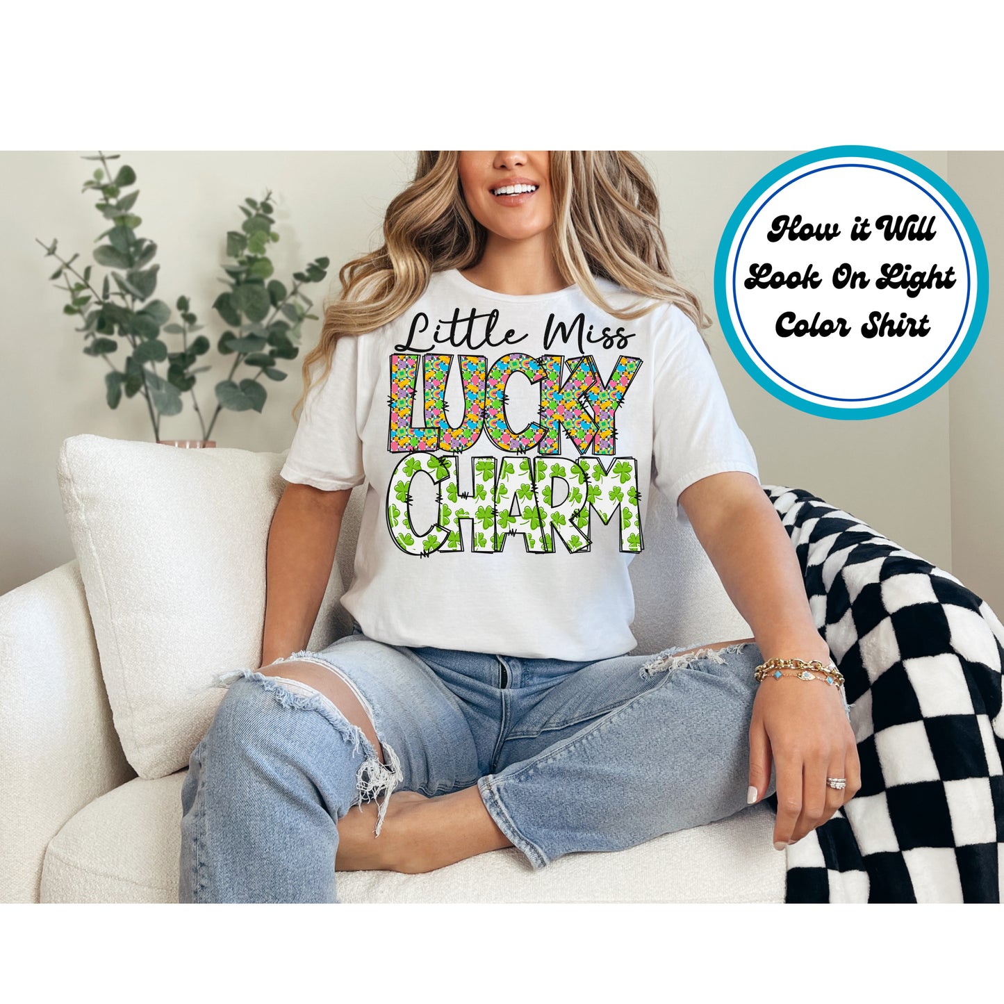 Lucky Charm St. Patrick’s Day DTF transfer with colorful patterns and clovers.