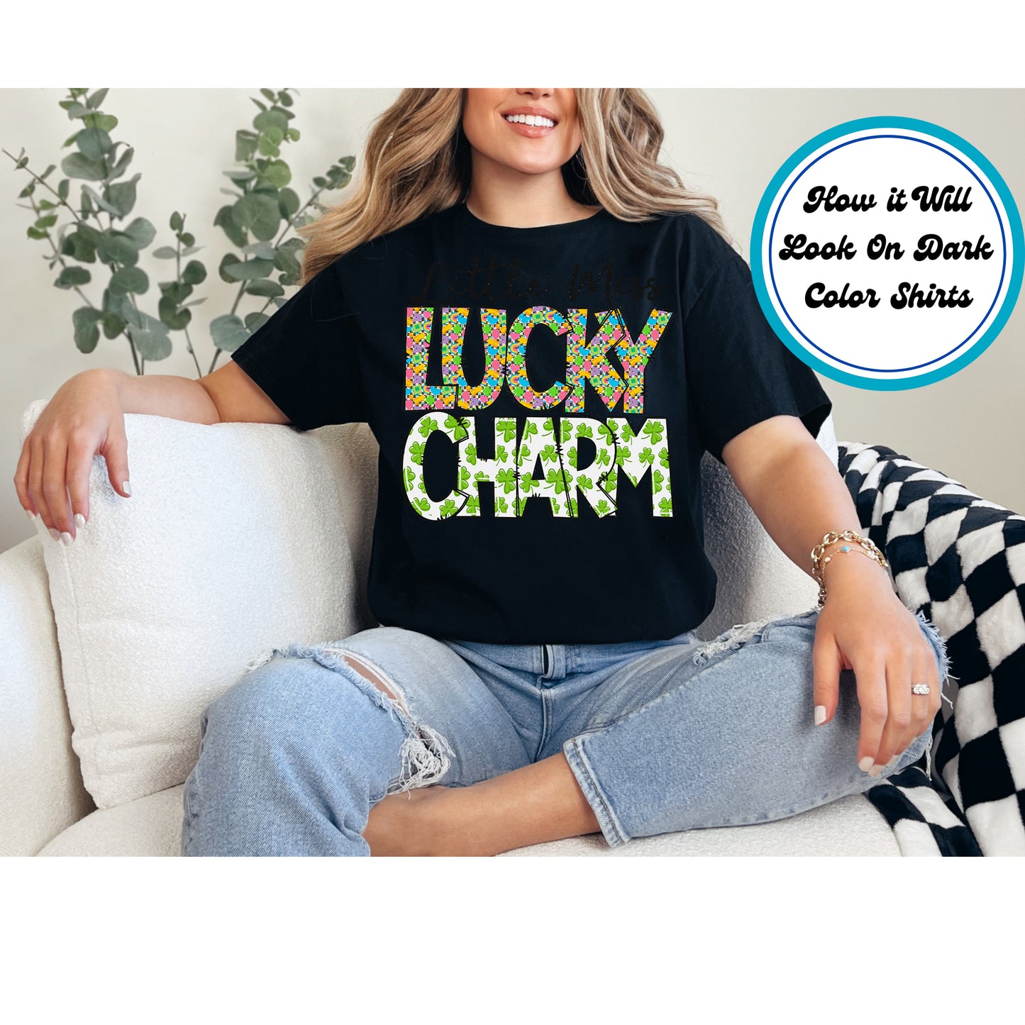 Lucky Charm St. Patrick’s Day DTF transfer with colorful patterns and clovers.