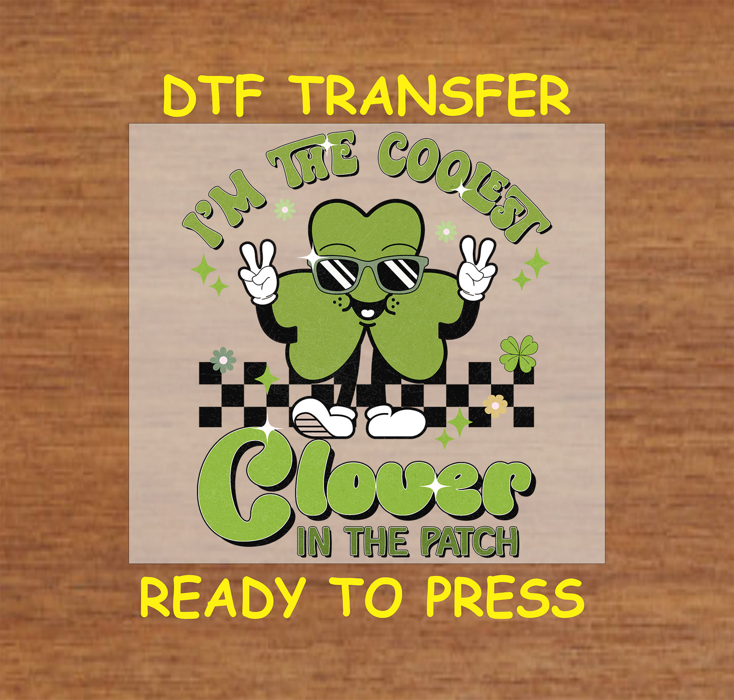 St. Patrick’s Day DTF transfer with a cool shamrock wearing sunglasses and checkered background.