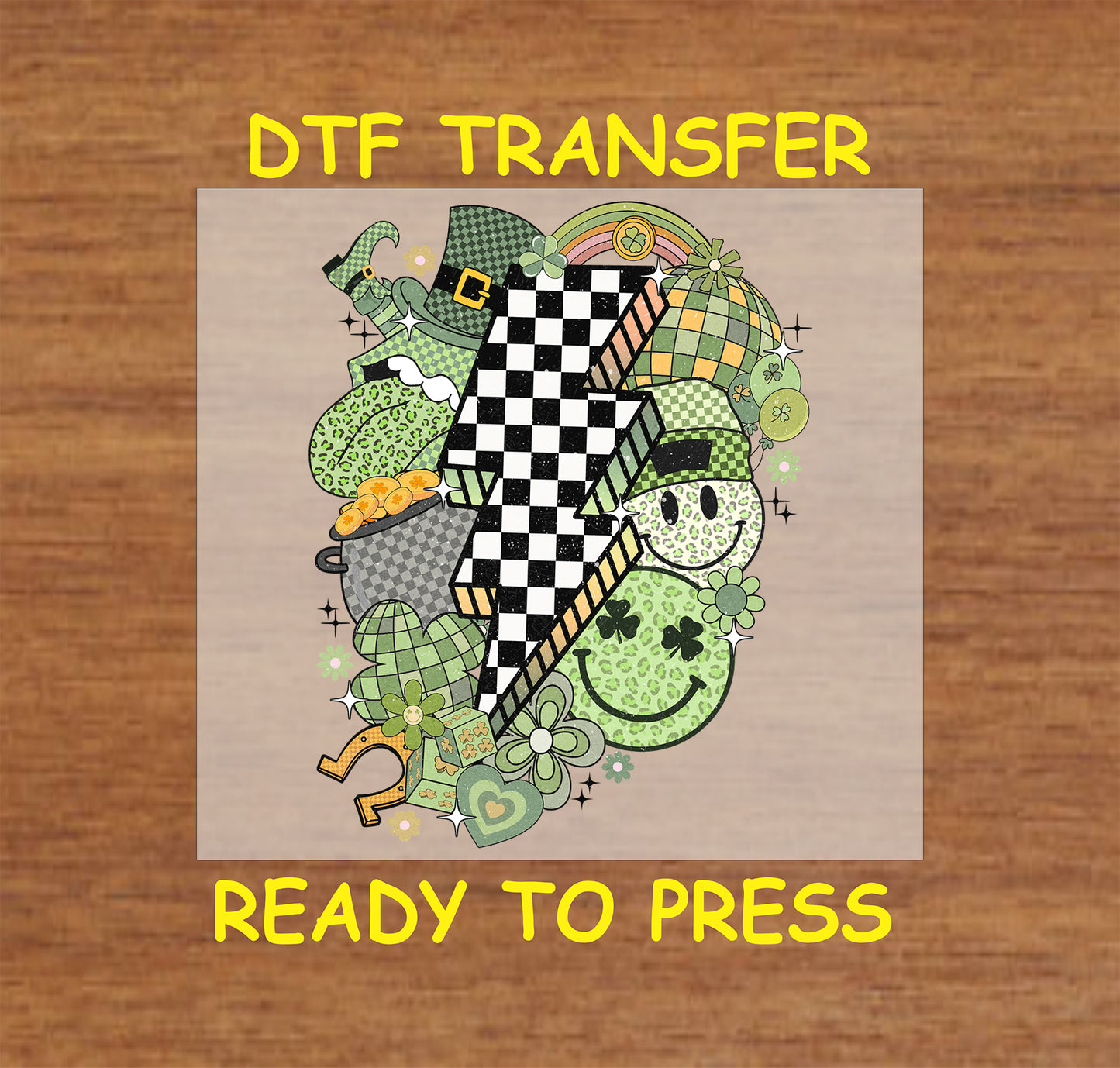 St. Patrick’s Day DTF transfer with a checkered lightning bolt, shamrocks, pot of gold, and festive elements.