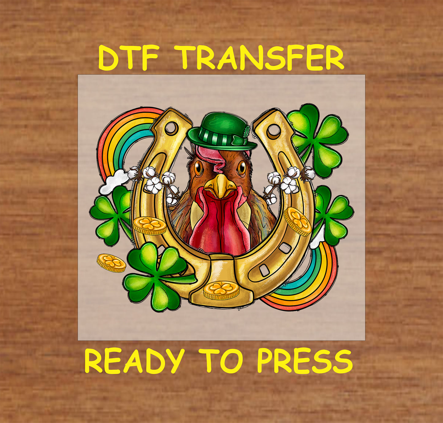 St. Patrick’s Day Lucky Rooster DTF transfer with a rooster, horseshoe, shamrocks, and rainbow.