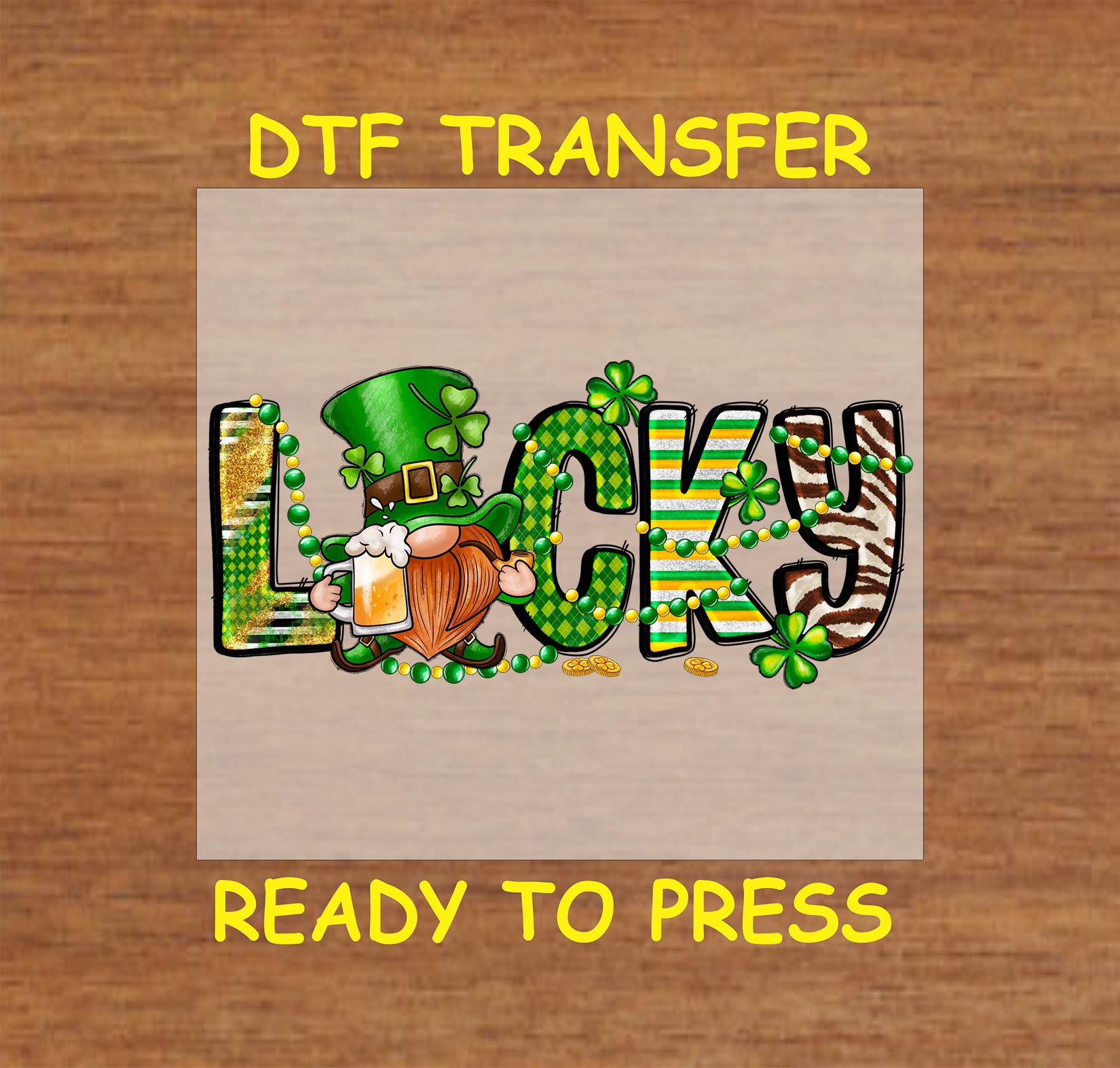 St. Patrick’s Day Lucky DTF transfer with a gnome, shamrocks, and gold coins.