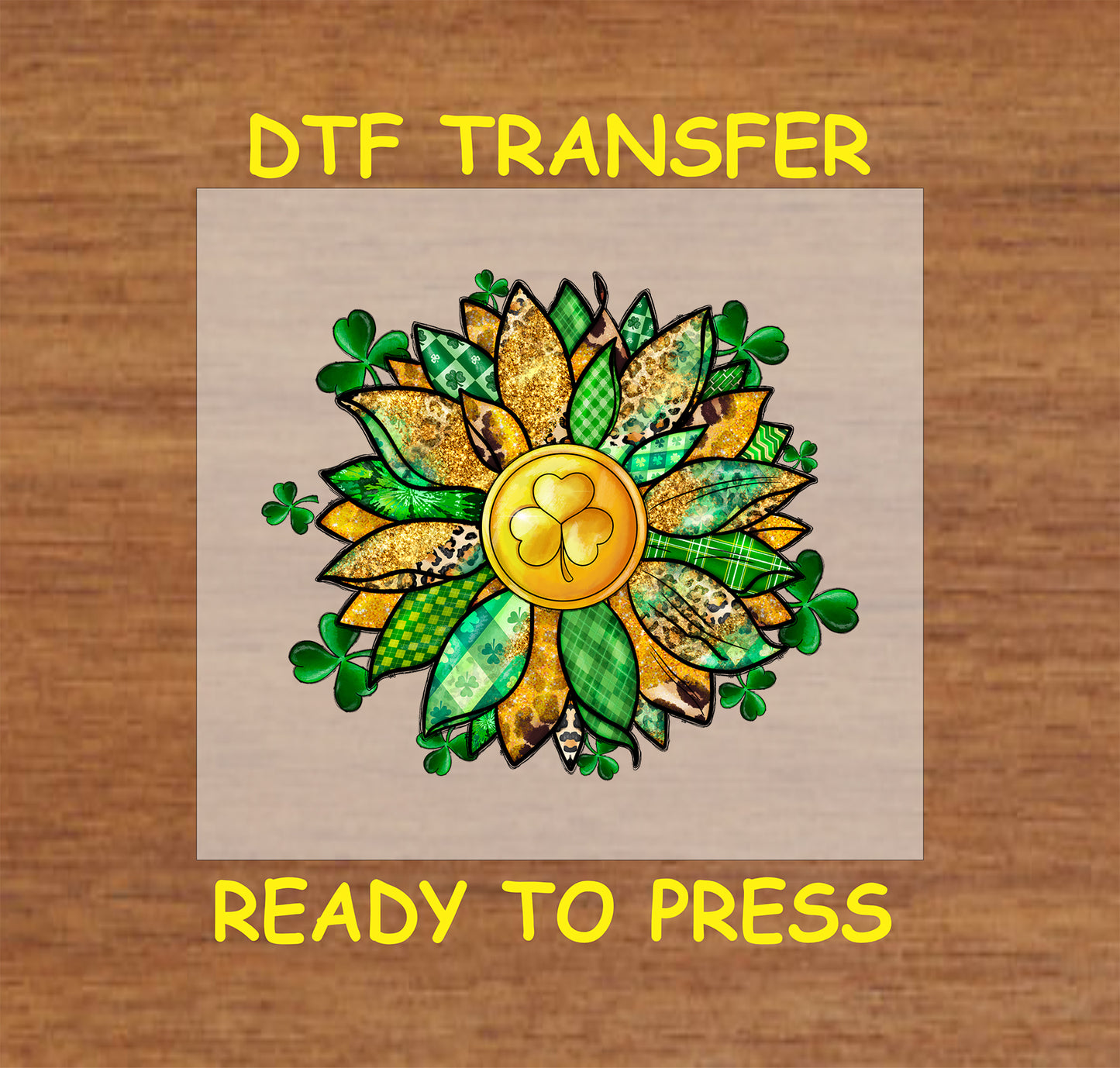 St. Patrick’s Day Shamrock Sunflower DTF transfer with green plaid, gold glitter, and shamrocks.