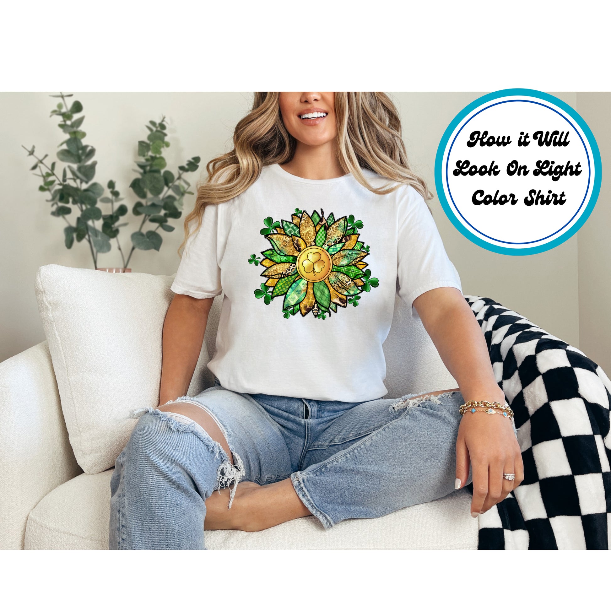 St. Patrick’s Day Shamrock Sunflower DTF transfer with green plaid, gold glitter, and shamrocks.