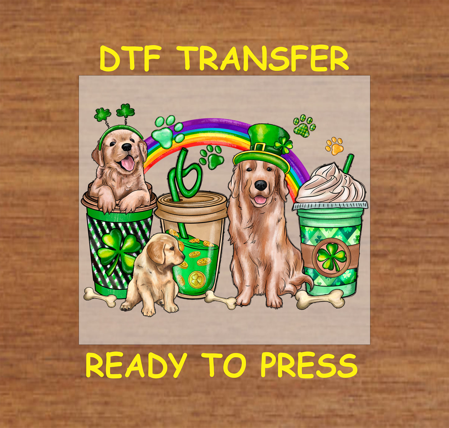 St. Patrick’s Day DTF transfer featuring golden retrievers, coffee cups, shamrocks, and a rainbow.