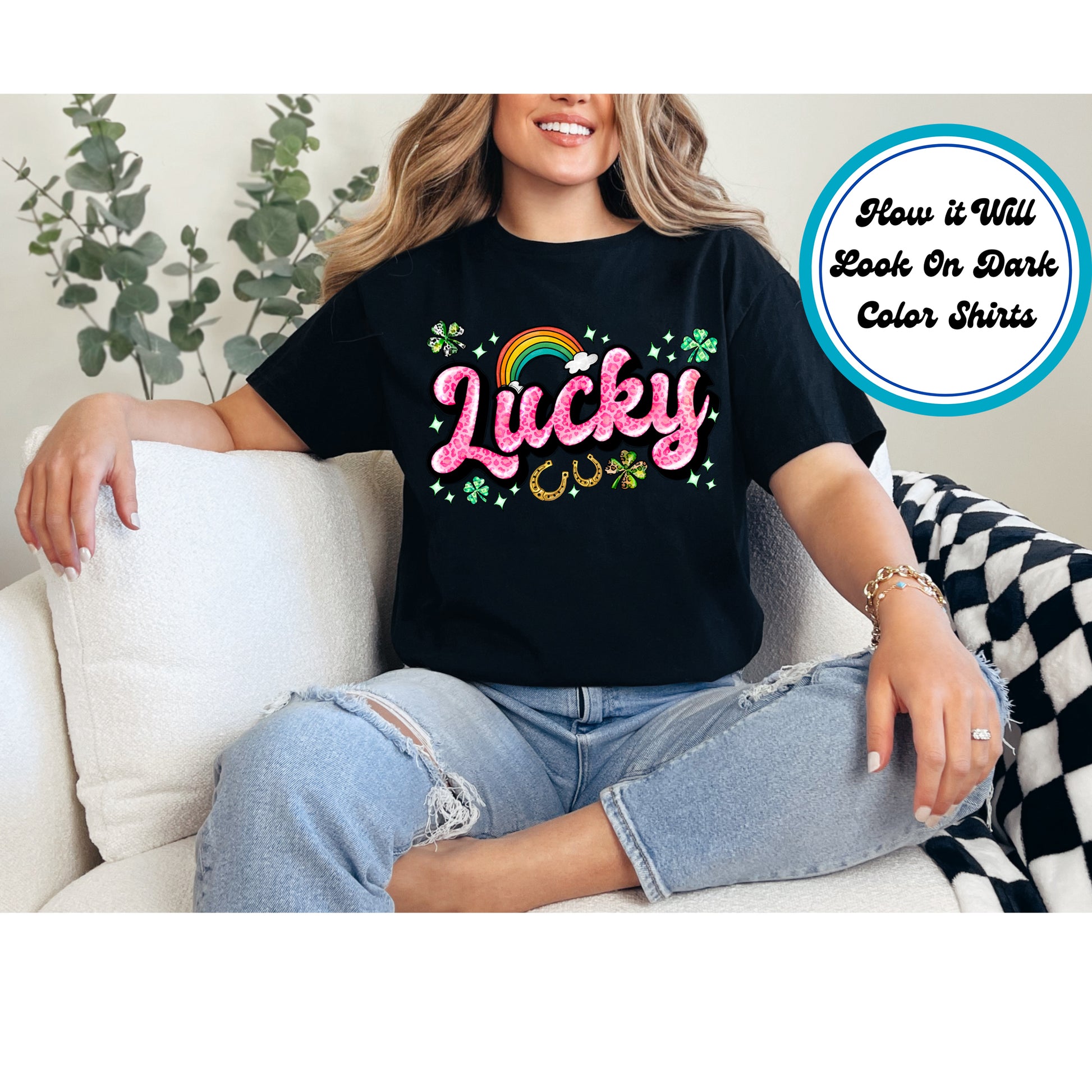 Pink leopard print "Lucky" text with shamrocks, rainbow, and golden horseshoes.