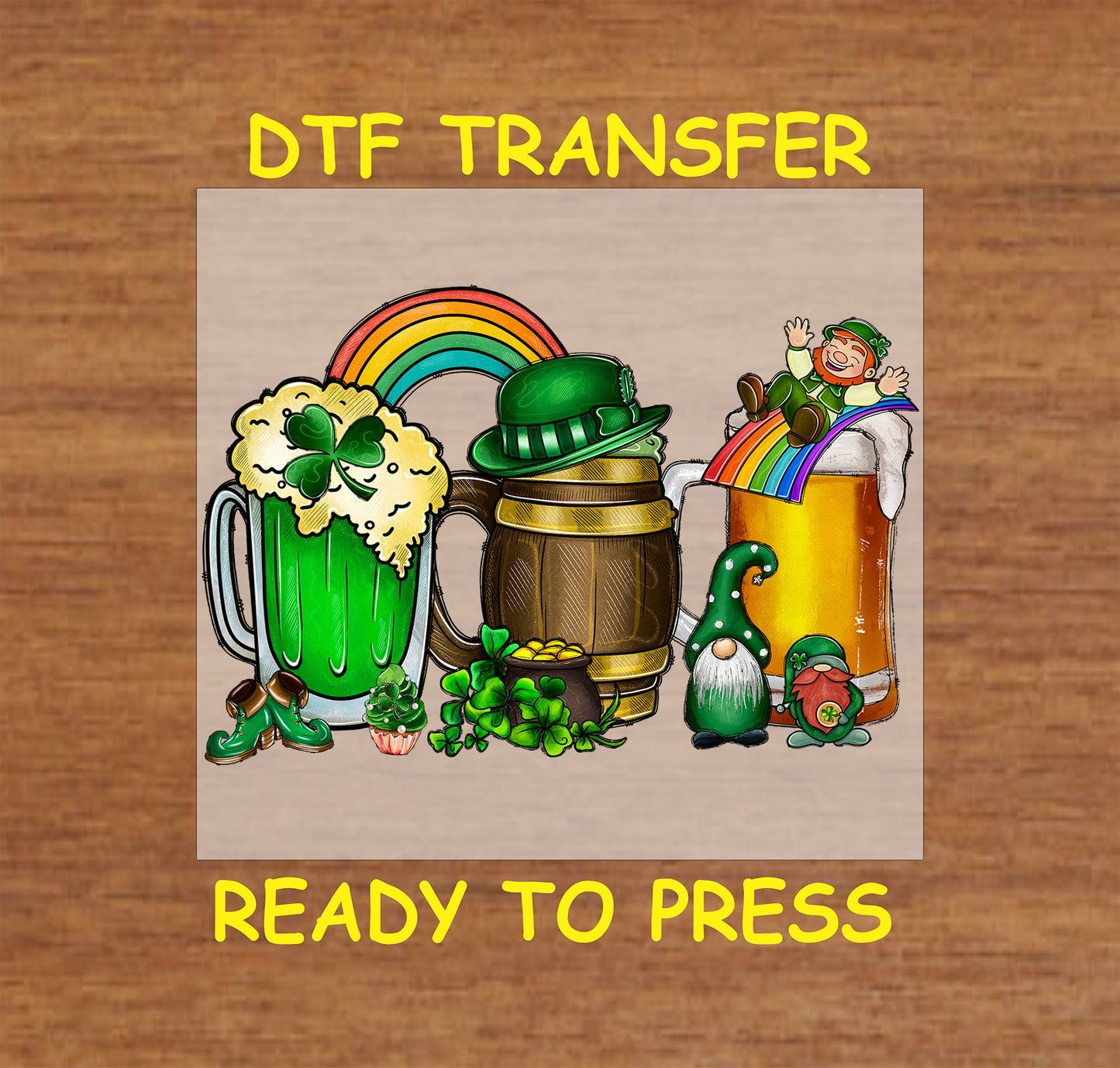 St. Patrick’s Day DTF transfer with beer mugs, clovers, a rainbow, and gnomes.