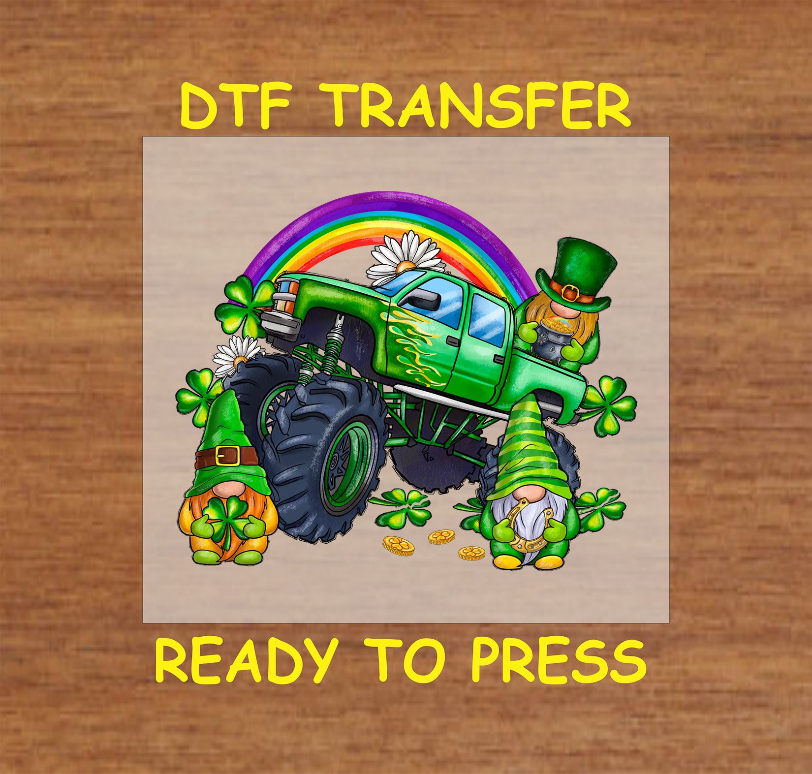 St. Patrick’s Day DTF transfer with a green monster truck, lucky gnomes, shamrocks, and a rainbow.