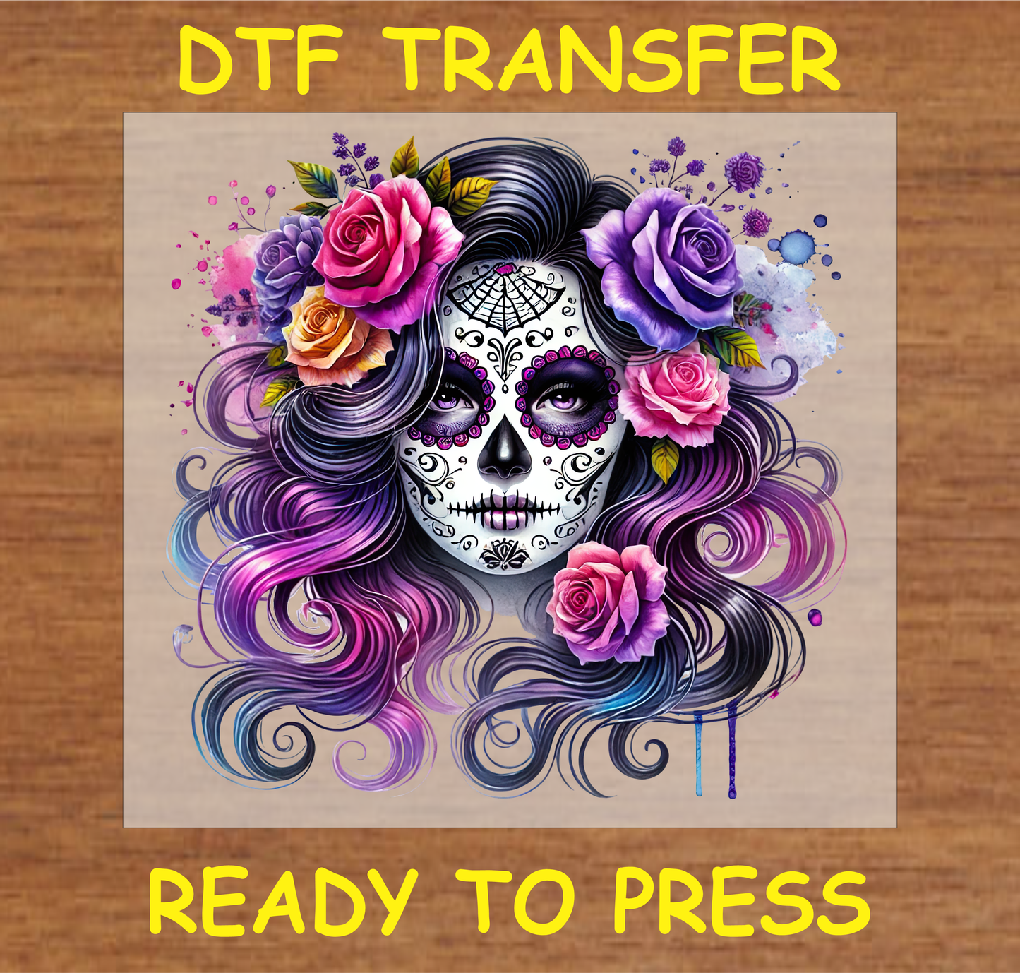 Floral Sugar Skull Día de los Muertos DTF transfer with vibrant flowers and flowing hair in rich colors.