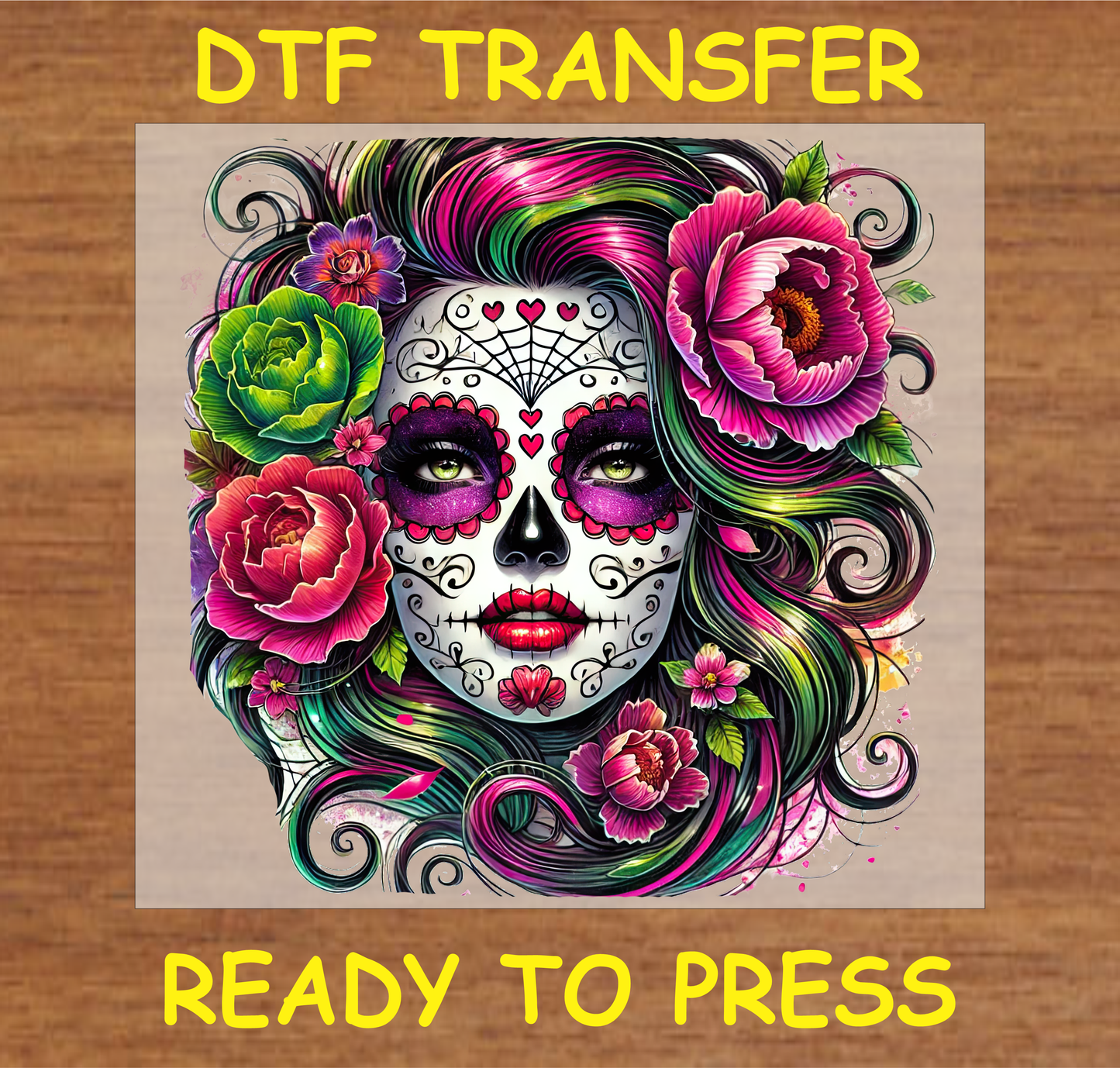 Vibrant Sugar Skull Floral Día de los Muertos DTF transfer with colorful flowers and intricate details.