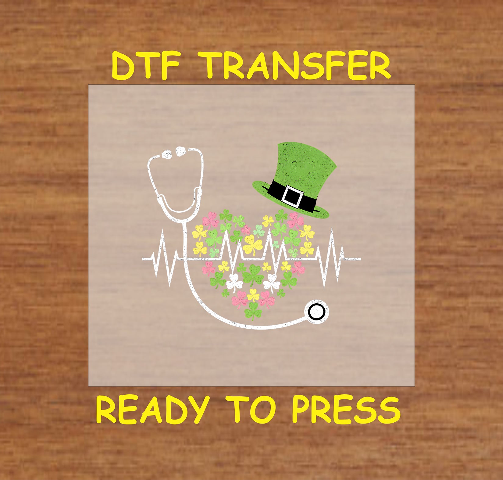 St. Patrick’s Day DTF transfer featuring a stethoscope forming a heartbeat with shamrocks and a leprechaun hat.