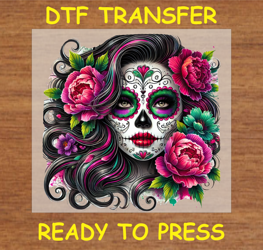 Bold Floral Sugar Skull Día de los Muertos DTF transfer with striking flowers and intricate details.