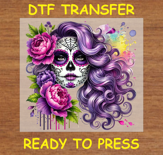 Purple Bloom Sugar Skull Día de los Muertos DTF transfer with purple flowers and intricate details.