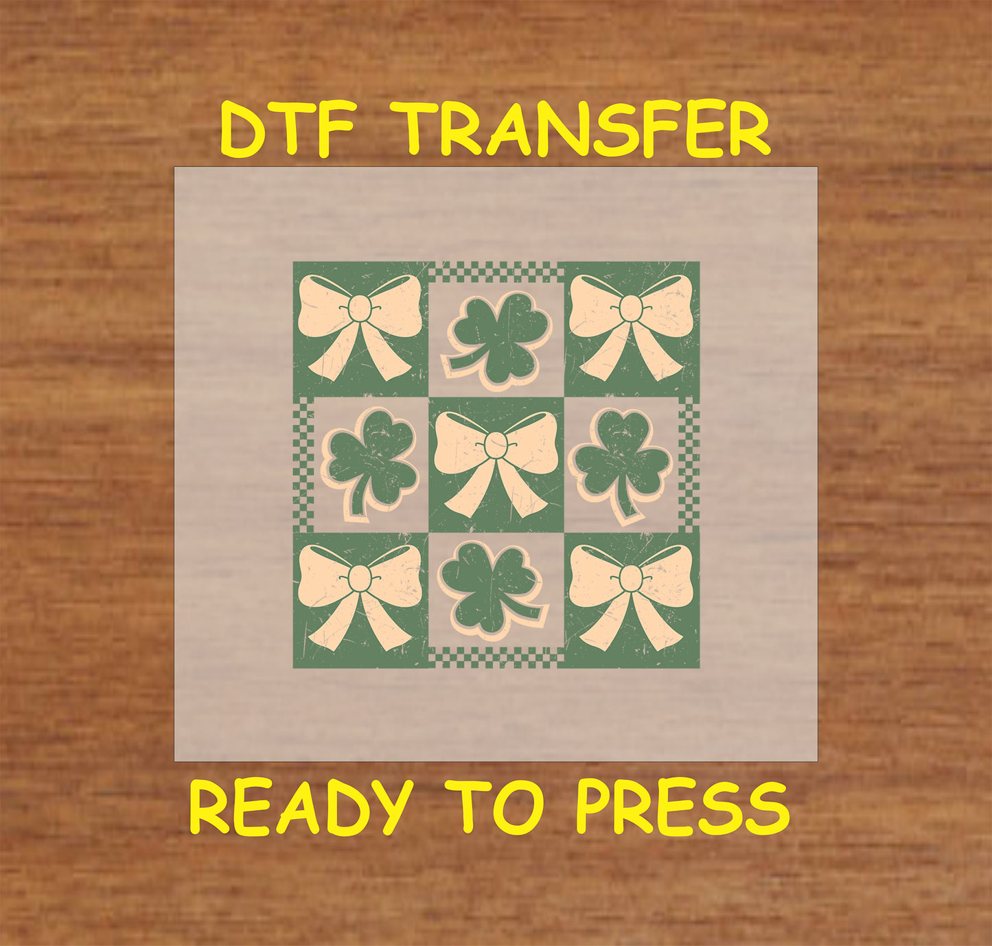 St. Patrick’s Day patchwork DTF transfer with shamrocks and bows.