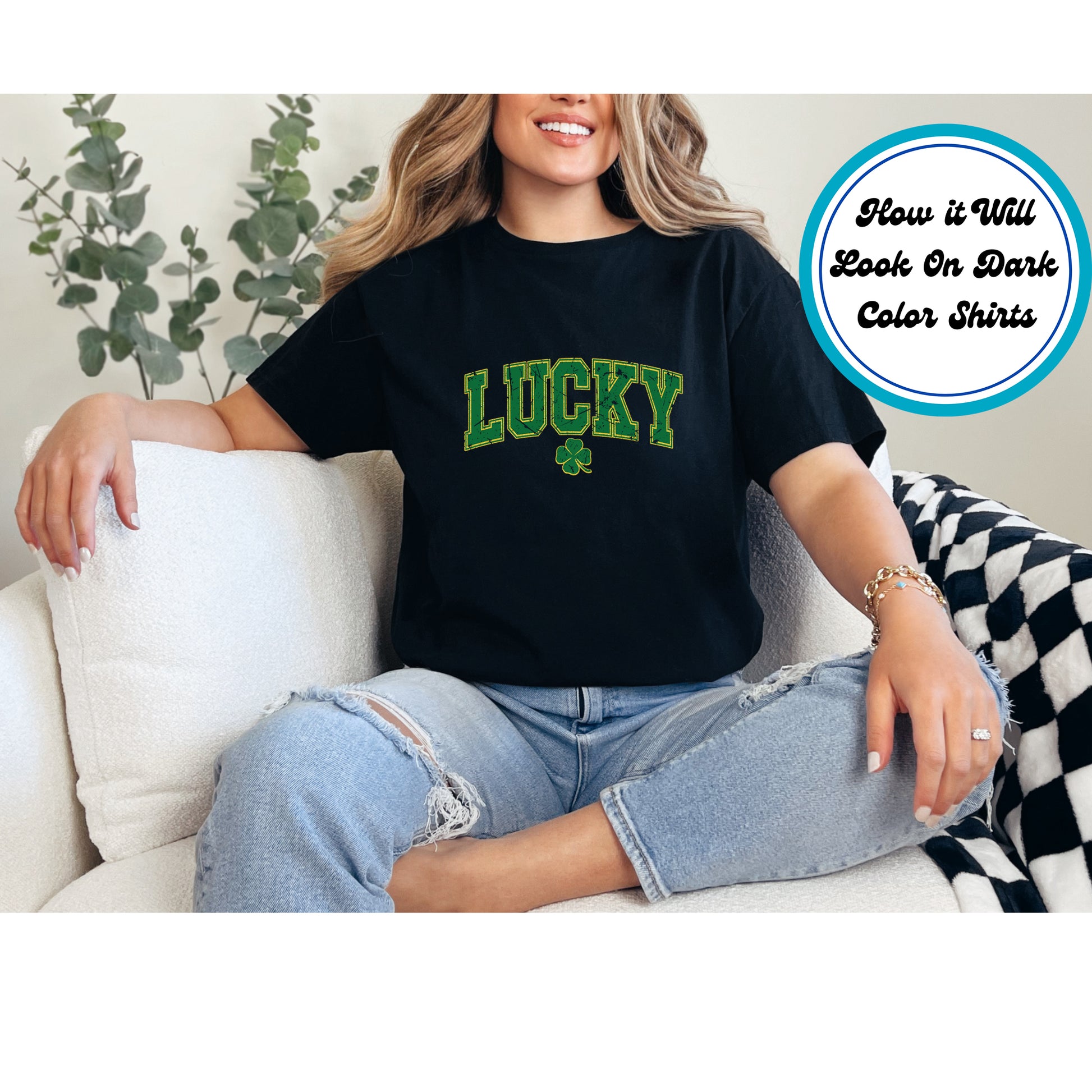 St. Patrick’s Day DTF transfer with "LUCKY" in bold collegiate text and a shamrock