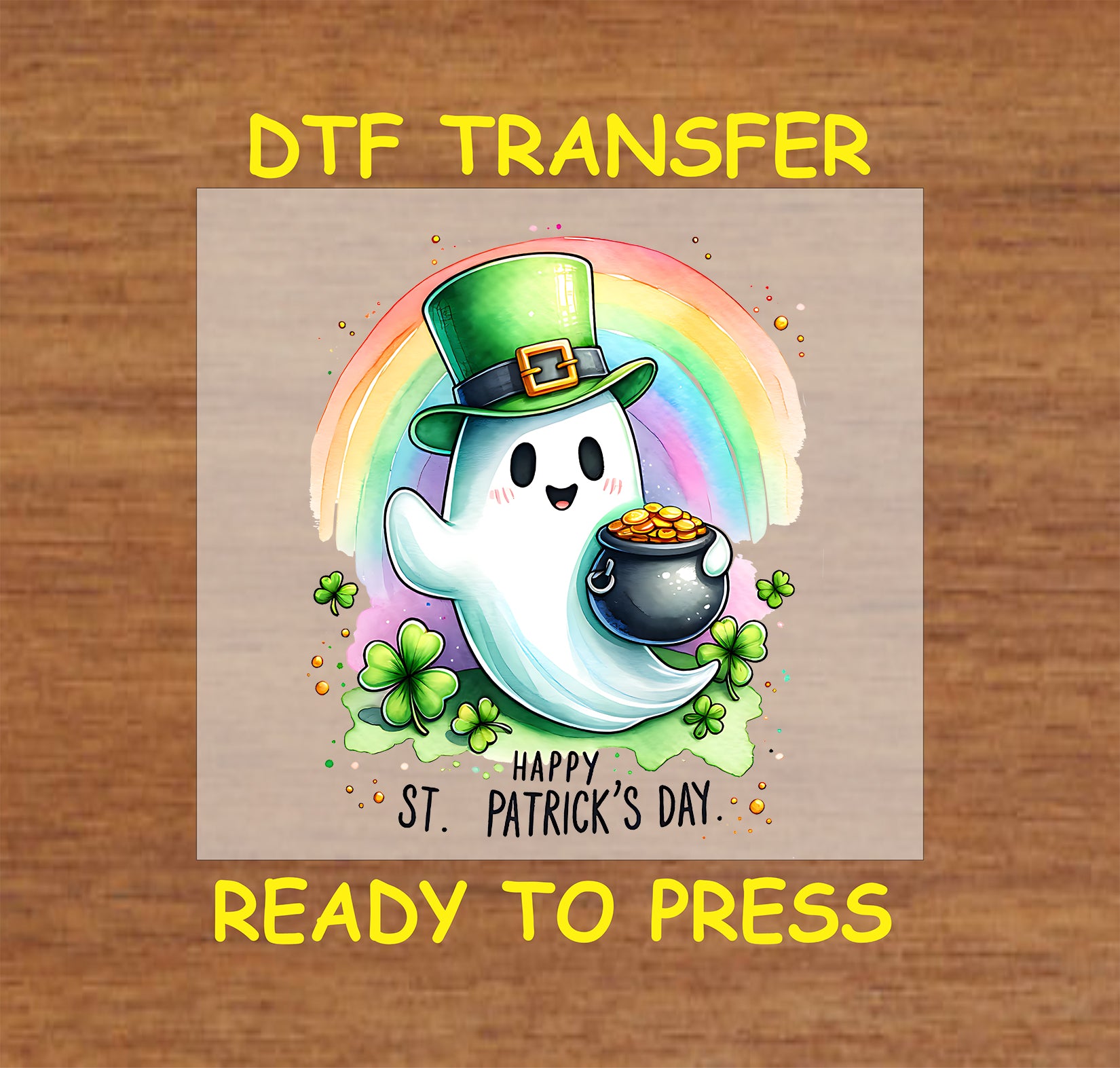 Cute ghost wearing a leprechaun hat, holding a pot of gold under a rainbow with shamrocks.