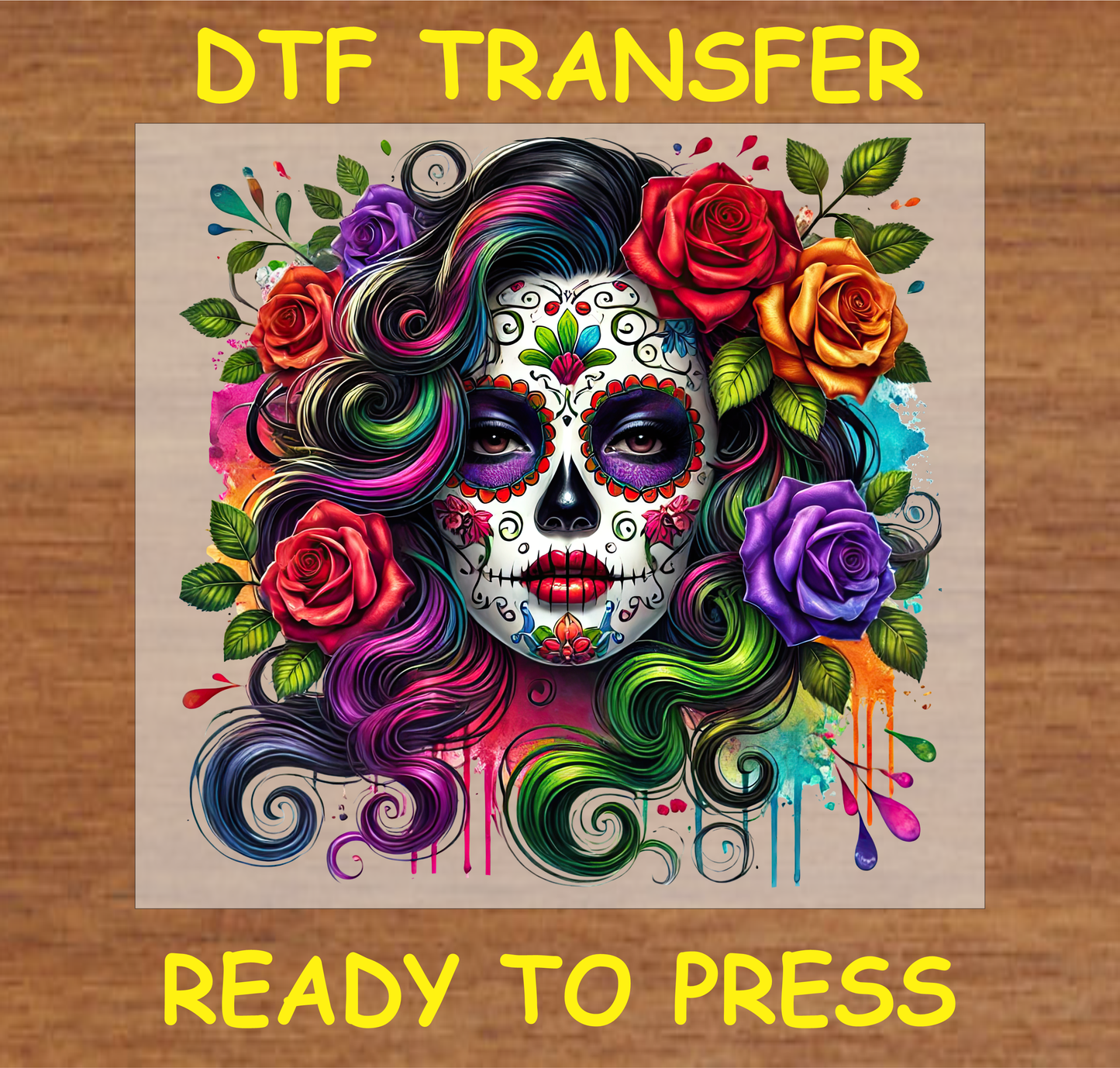 Vivid Elegance Sugar Skull Día de los Muertos DTF transfer with bright red, purple, and orange flowers and intricate sugar skull details.