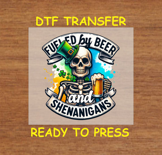 St. Patrick's Day DTF Transfer Iron On Heat Transfer - Ready to Press,  Fueled By Beer DTF Transfer | Ready to Press | St. Patrick's Day Design 4510