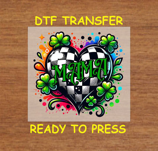 Mama St. Patrick’s Day DTF transfer with a checkered heart, shamrocks, and colorful splashes.