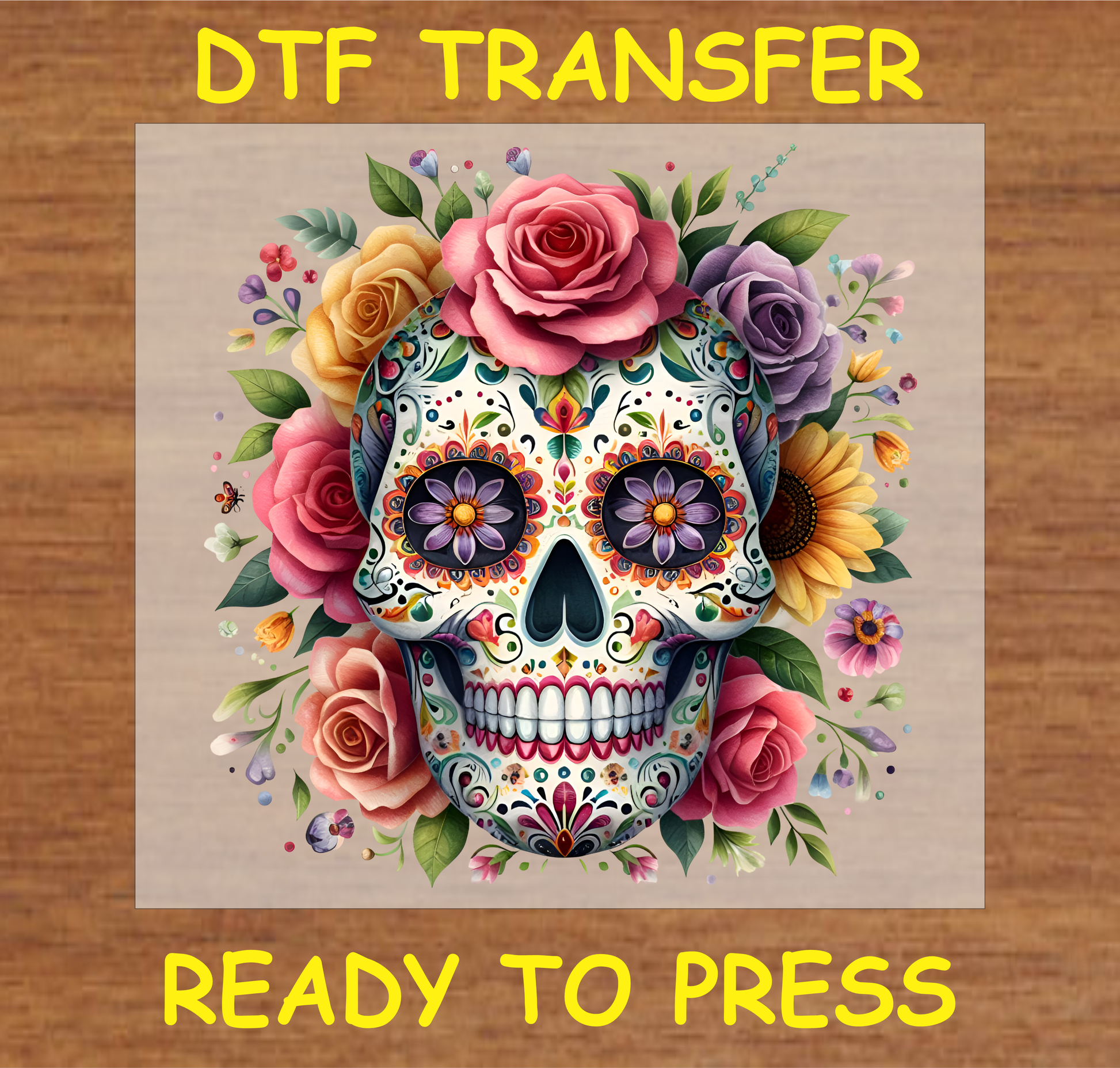 Floral Sugar Skull DTF Transfer featuring colorful roses, sunflowers, and intricate sugar skull design.