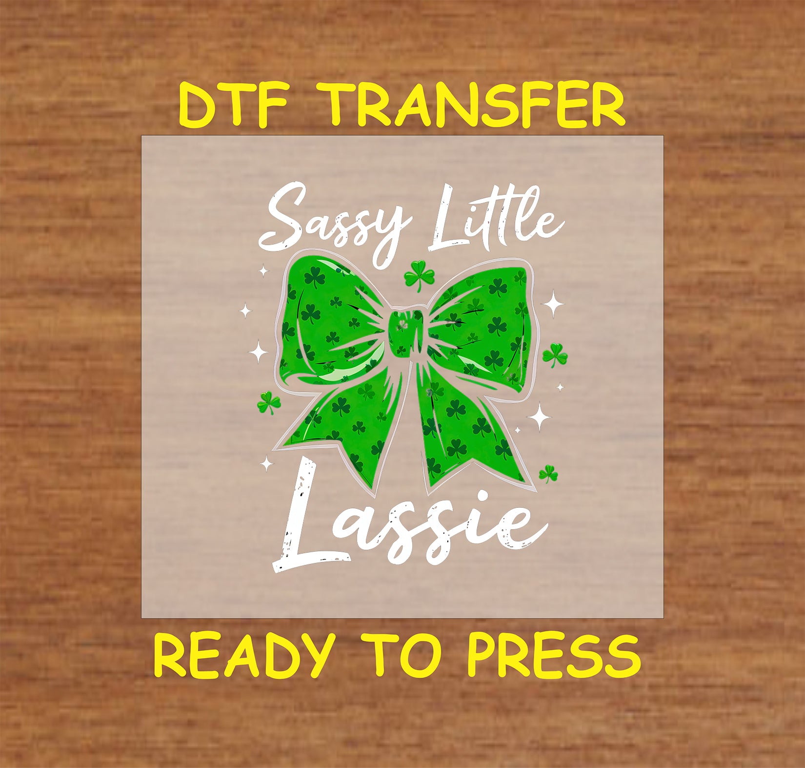 Green bow with shamrocks and “Sassy Little Lassie” text.