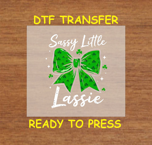 Green bow with shamrocks and “Sassy Little Lassie” text.