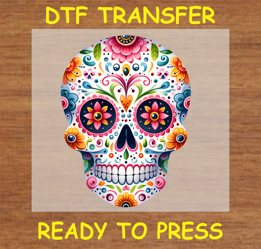 Blooming Flower Sugar Skull DTF transfer with colorful floral accents, ready to press.