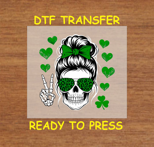 Skull with green bow and shamrocks St. Patrick’s Day DTF transfer.