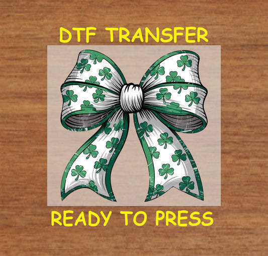 Shamrock-patterned bow St. Patrick’s Day DTF transfer.