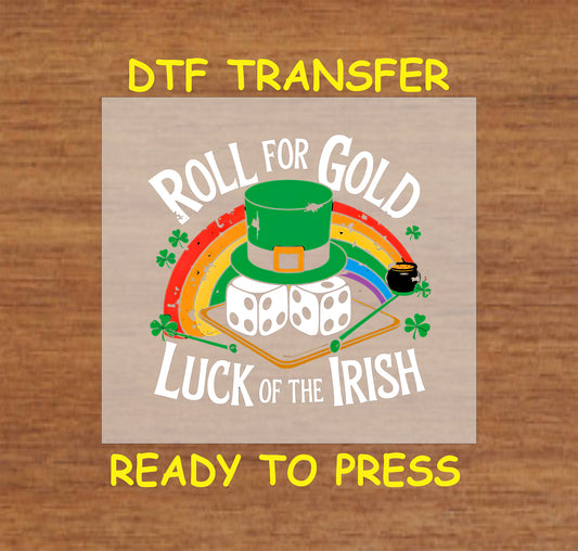 St. Patrick’s Day dice and leprechaun hat DTF transfer.